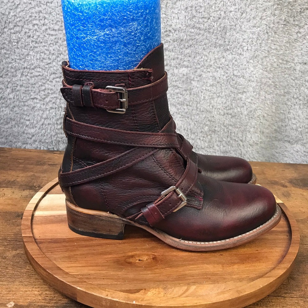 Freebird Raine Boots Women 7 Wine Burgundy Leather Strappy Buckle Moto Ankle